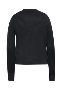 Maglione nero a coste con maniche lunghe, scollatura rotonda e design cropped. Superficie strutturata e orlo aderente.