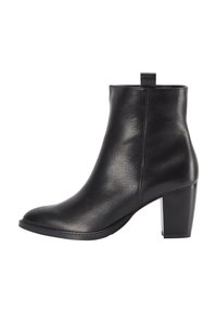Stivale alla caviglia in pelle nera con un design elegante, punta tonda e tacco alto a blocco. Presenta una linguetta per facilitare l'indossamento.