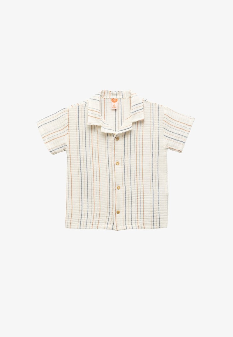 Camisa de botones de manga corta en crema con rayas verticales en azul y naranja. La tela tiene una apariencia texturada y acanalada.