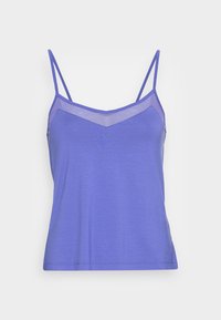 Ärmlös violett linne med tunna dubbla remmar och en genomskinlig meshpanel längs halsringningen, visad mot en vit bakgrund.