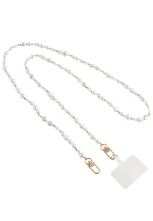 Šnúrka na krk v štýle náhrdelníka s bielymi perlovými korálkami, zlatými karabínkami a priehľadným plastovým držiakom pre preukaz.