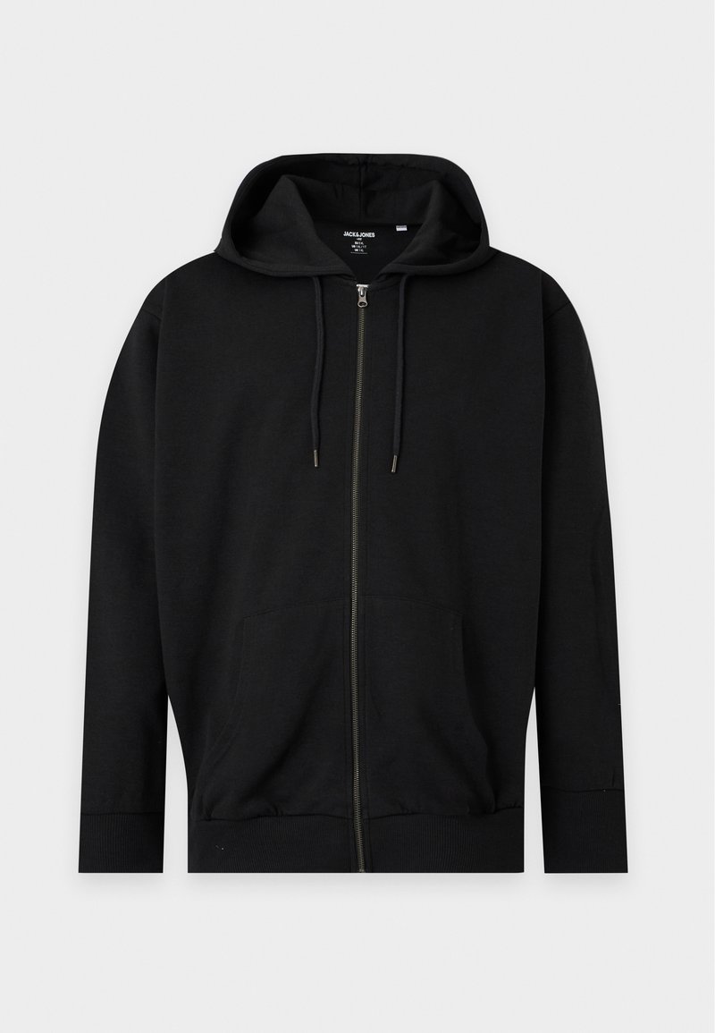 Sweat à capuche noir zippé avec poches avant, capuche à cordon de serrage et poignets et ourlet côtelés sur un fond clair uni.
