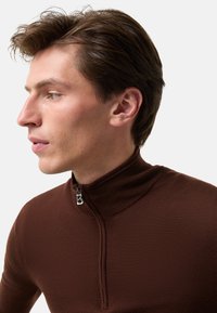 Brauner Pullover mit langen Ärmeln, hochgeschlossen und mit einem Reißverschluss, der einen metallischen Akzent aufweist. Der Stoff wirkt glatt und figurbetont.