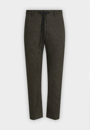 Pantalon droit vert olive foncé avec taille élastique et cordon noir, présenté à plat sur fond gris clair.