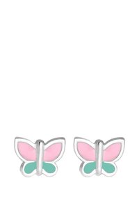 Fjärilsformade örhängen i silver, med rosa och teal emaljdetaljer. Designen inkluderar upphöjda kanter och en slät yta.