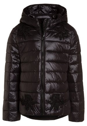 Black shiny quilted jacket with hood, front zipper, and black floral embroidery on shoulders and lower front.