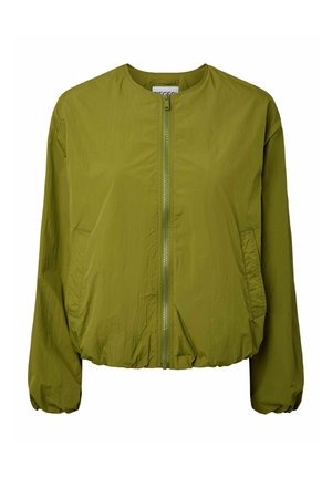 Veste légère vert olive clair avec fermeture éclair frontale, encolure ronde, manches longues, poches latérales et ourlet et poignets élastiqués.