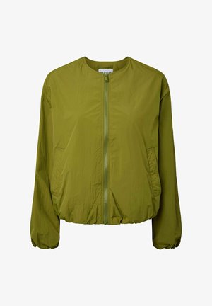 Veste légère vert olive clair avec fermeture éclair frontale, encolure ronde, manches longues, poches latérales et ourlet et poignets élastiqués.