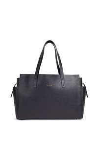 Borsa a tracolla nera in pelle con due manici lunghi, forma strutturata, finitura testurizzata sottile e dettaglio del logo dorato sul fronte.