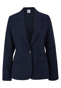 Námořnický blazer vyrobený z jednobarevné tkaniny, s klopovým límcem, jedním knoflíkem a dvěma předními kapsami s hladkou texturou.