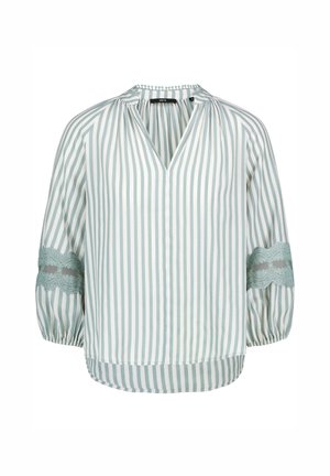 Green and white vertically striped blouse with 3/4 puff sleeves, lace trim on upper arms, and a keyhole neckline with small button closure.