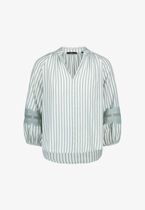 Green and white vertically striped blouse with 3/4 puff sleeves, lace trim on upper arms, and a keyhole neckline with small button closure.