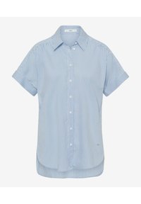 Camicia a maniche corte azzurro chiaro con strisce bianche verticali, apertura con bottoni, colletto classico, orlo stondato e un piccolo logo laterale.