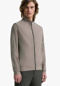 Giacca taupe chiaro con colletto alto, zip frontale e maniche lunghe. Caratterizzata da una texture liscia e un design minimalista.