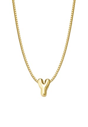 Goldplattierte Kette mit einem eleganten, Y-förmigen Anhänger. Mit einer flachen, strukturierten Kette mit quadratischen Gliedern, die ein minimalistisches Design widerspiegelt.