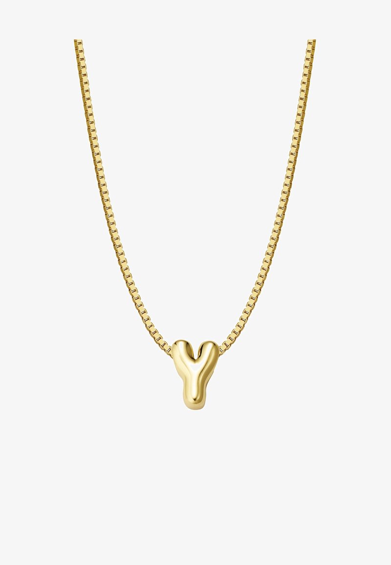 Zelta pārklājuma kaklarota ar elegantu Y formas piekari. Iespējama plakana, teksturēta ķēde ar kvadrātveida posmiem, kas atspoguļo minimālisma dizainu.