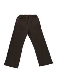 Dark brown wide-leg pants with elastic waistband and a single back pocket, displayed flat on a white background.