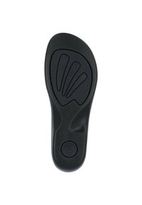 Schwarze Einlegesohle mit glatter Oberfläche, die über ein geschwungenes Design und ein markantes Wellenmuster verfügt. Mit einem Logo und Größenangaben versehen.