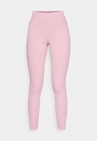 Różowe legginsy sportowe z wysokim stanem, wykonane z gładkiego, elastycznego materiału. Posiadają delikatne przeszycia oraz małe logo w okolicy kostki.