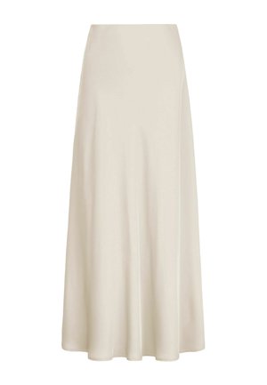 Flødefarvet, hel længde, flydende nederdel med et glat, let skørt design og høj linning mod en hvid baggrund.