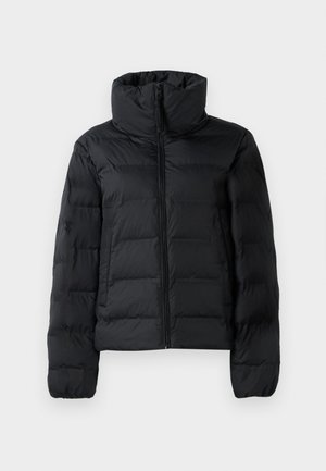 Black padded jacket with a high collar, full front zipper, quilted design, and elasticized cuffs. Smooth texture, lightweight material.