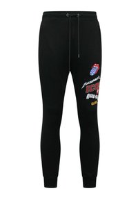 Zwarte joggingsbroek in een katoenmix met elastische tailleband en trekkoord. Voorzien van meerdere kleurrijke graphic prints en aangesloten boorden.