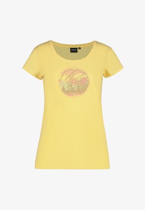 Gelbes Kurzarm-T-Shirt mit rundem Ausschnitt. Mit einem kreisförmigen grafischen Aufdruck in Pastellfarben, der eine Achterbahn und Bäume darstellt.