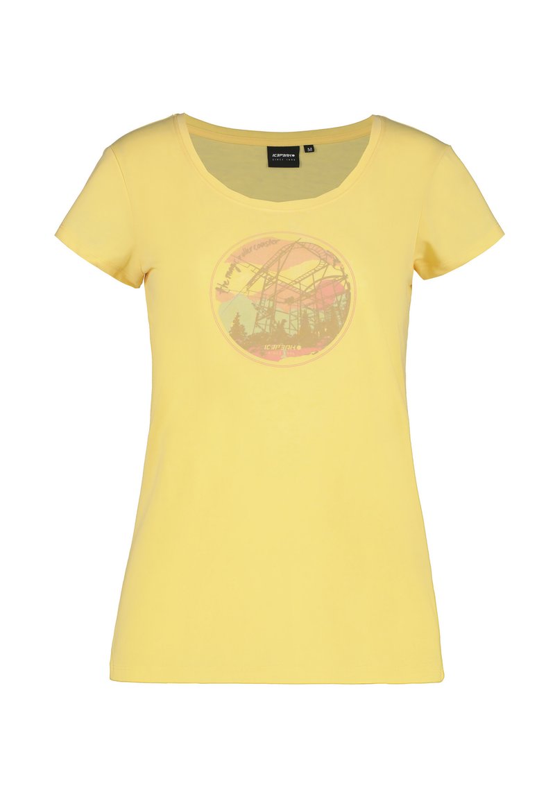 Gul t-shirt med kort ärm och rundad halsringning. Har en cirkulär grafisk tryck i pastellfärger som föreställer en berg-och-dalbana och träd.