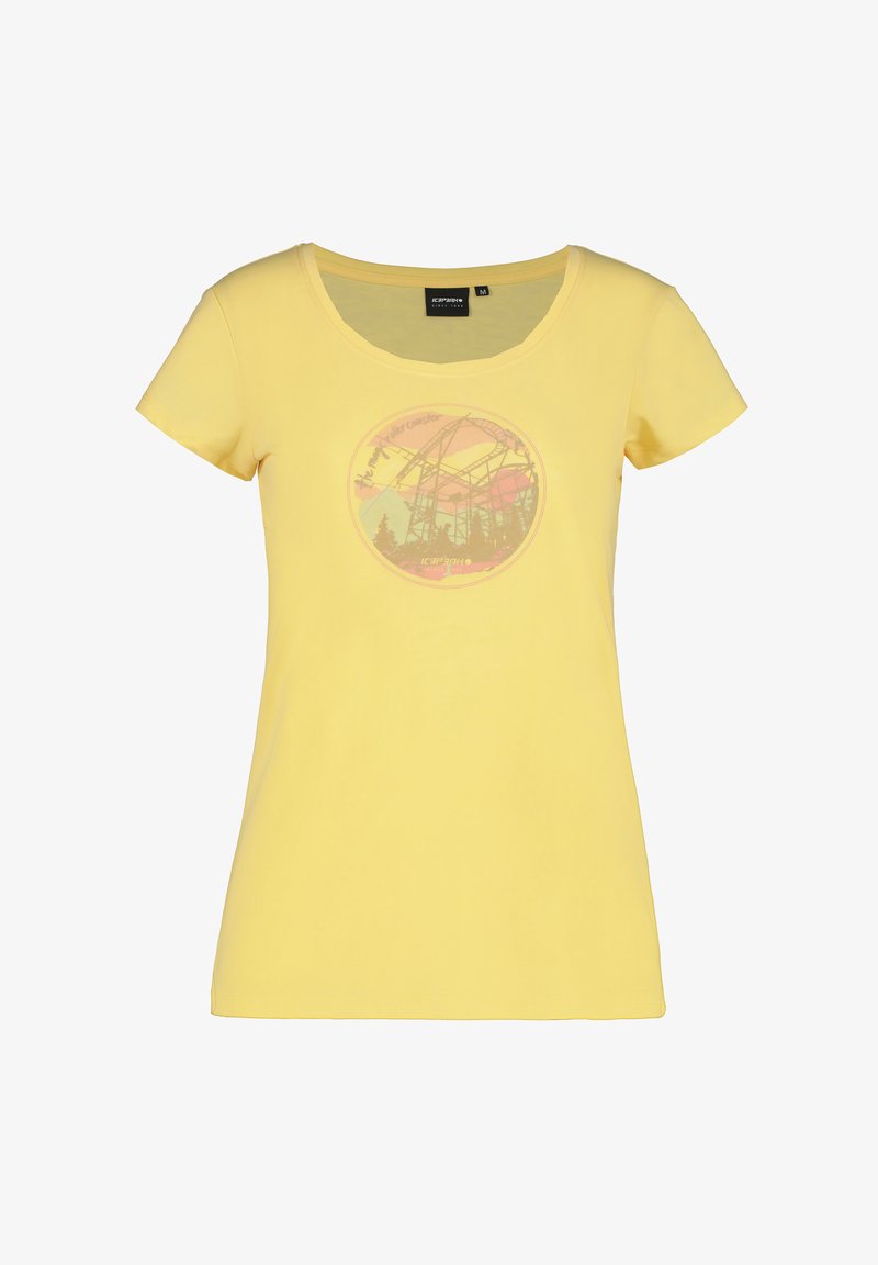 Gul t-shirt med kort ärm och rundad halsringning. Har en cirkulär grafisk tryck i pastellfärger som föreställer en berg-och-dalbana och träd.