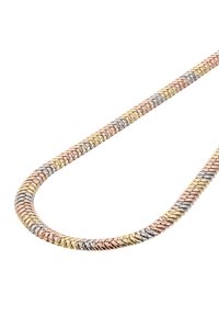 Metal halskæde med sammenflettede segmenter i guld, sølv og rosa guld. Glat tekstur med et fleksibelt, fladt design.
