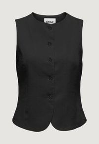 Veste sans manches noire avec col rond et cinq boutons sur le devant, légèrement évasée à l'ourlet, étiquetée "ONLY".