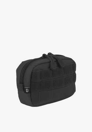 Bolsillo táctico compacto negro con doble cremallera y tejido en rejilla cosido en el panel frontal para su sujeción, fabricado con tela resistente.