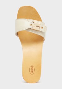 Light beige slide sandal with a wide strap, gold buckle hardware, and wooden sole. Features embossed "Scholl" logo on footbed.