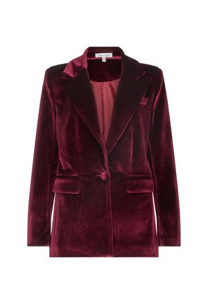 Bordeauxroter Samt-Blazer mit Notch-Revers, Ein-Knopf-Verschluss, zwei Vorder Taschen und einem glatten Satin-Innenfutter.