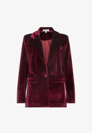 Bordeauxroter Samt-Blazer mit Notch-Revers, Ein-Knopf-Verschluss, zwei Vorder Taschen und einem glatten Satin-Innenfutter.