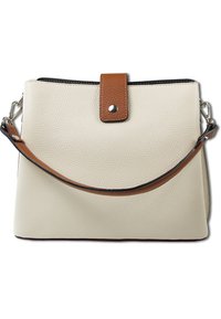 Crème leren handtas met een gestructureerde vorm, bruin leren accent en een drukknoopsluiting. Beschikt over een afneembare schouderriem en een textuur oppervlak.