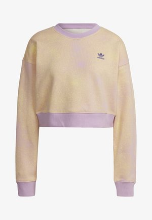 Lichtbeige cropped sweatshirt met lavendelgeribbelde kraag, manchetten, zoom en klein paars Adidas-logo op de linkerborst.