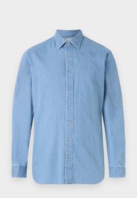 Ανοιχτό μπλε πουκάμισο από τζιν με μακριά μανίκια, κουμπιά μπροστά, μυτερές γιακάδες και μικρό λευκό λογότυπο "MK" στο αριστερό στήθος.