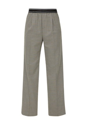 High-waist, wide-leg pants with black, beige, and blue small check pattern and black elastic waistband with thin white stripes.