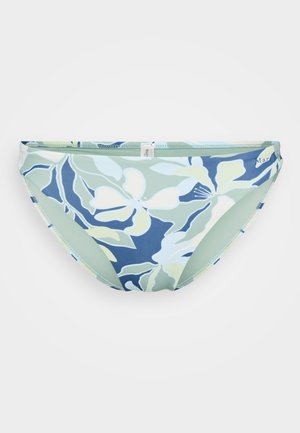 Kwiatowy dół bikini w kolorach niebieskim, zielonym i kremowym z wzorzystym deseniem. Wykonany z gładkiego, elastycznego materiału.