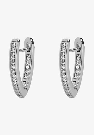 Silberne Ohrhänger mit einem geschwungenen Design, verziert mit einer Reihe klarer Steine entlang des Randes für zusätzlichen Glanz.