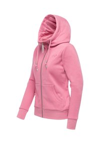 Felpa rosa con zip, dotata di cappuccio regolabile con cordino, tasche frontali e polsini a costine. Tessuto morbido con dettaglio del logo sul lato superiore sinistro.
