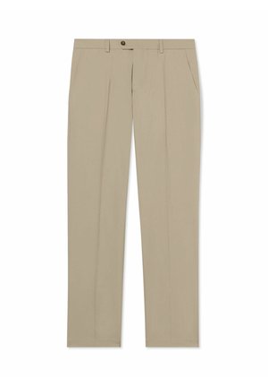 Beige rechte broek met riemlussen, zijzakken en een voorste knoop- en ritssluiting, plat neergelegd.