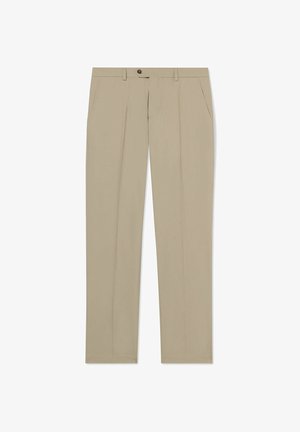 Pantalon beige à jambes droites, avec passants pour ceinture, poches latérales et fermeture devant par bouton et zip, posé à plat.