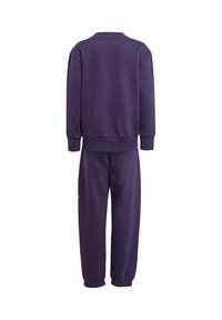 Lila sweatshirt och byxor set, tillverkat av mjukt material med ribbade muddar och midja, med en enkel, enfärgad design, utan synliga mönster.