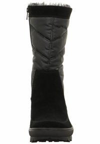 Botín de invierno negro que presenta una combinación de nylon suave y gamuza suave. Diseño alto con ribete de piel de pelaje en la parte superior y suela de goma.