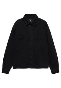 Czarna koszula na długi rękaw z guziczkami, z dwoma przednimi kieszeniami na piersi oraz zaostrzonym kołnierzykiem, wykonana z gładkiej tkaniny.