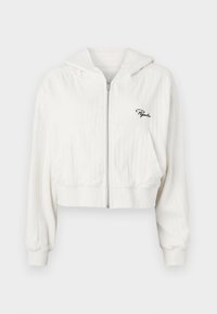 Gekürzte weiße Kapuzenjacke mit Reißverschluss, aus strukturierter Stoff gefertigt. Verfügt über zwei Fronttaschen und ein gesticktes Logo auf der linken Brust.