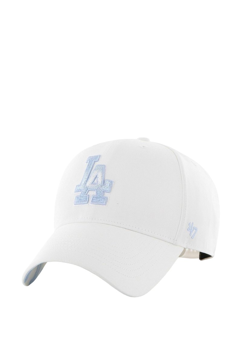 White cap made of cotton with light blue embroidered "LA" logo on the front. Features a curved brim and adjustable strap at the back.