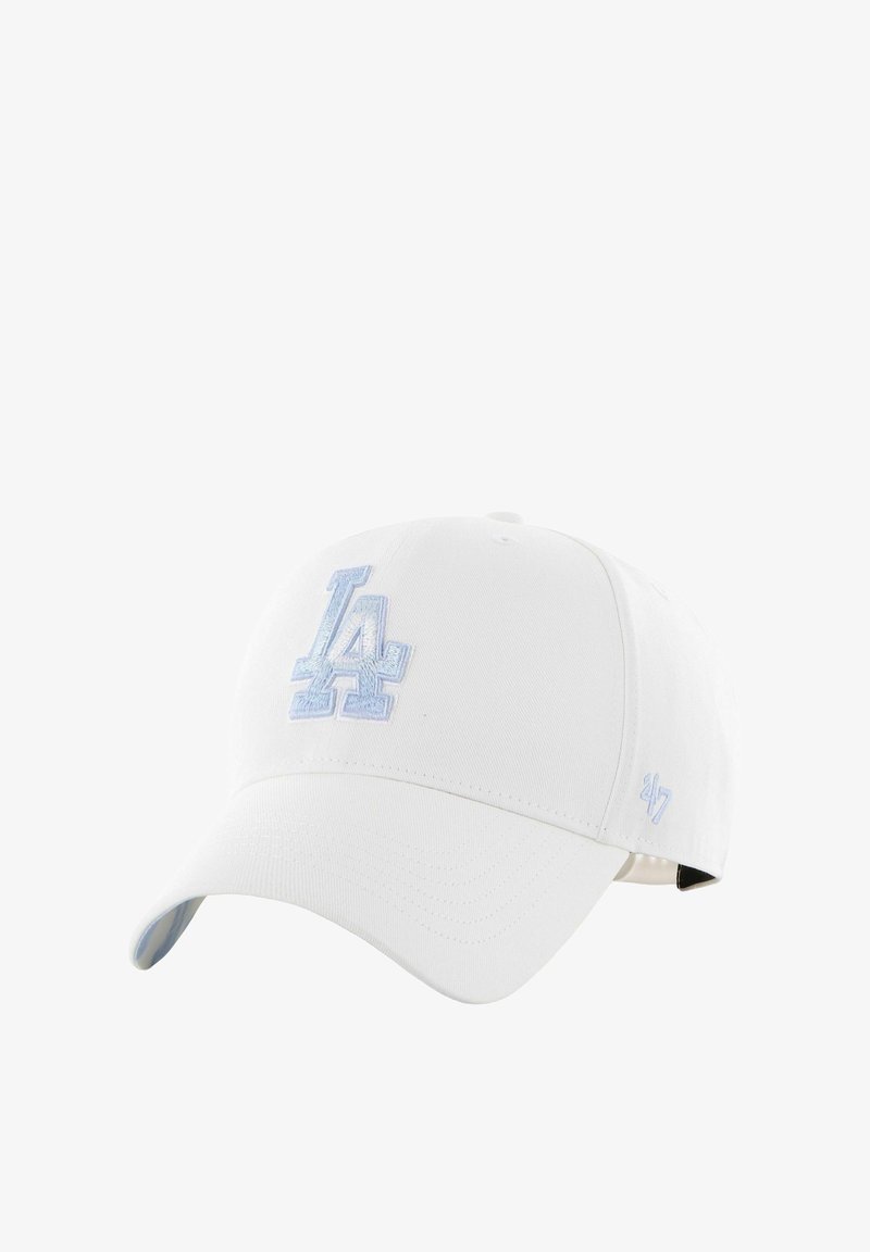 White cap made of cotton with light blue embroidered "LA" logo on the front. Features a curved brim and adjustable strap at the back.